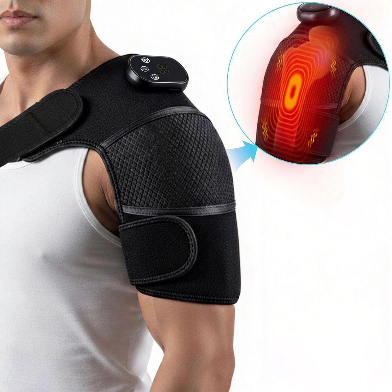 Portable Electric Shoulder Massager with Heat and Vibration, 5000mAh Rechargeable Battery and Adjustable Nylon Strap
